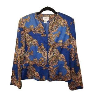 Adrianna Papell Silk Jacket Womens Teal Blue Paisley Button Blazer Size 8